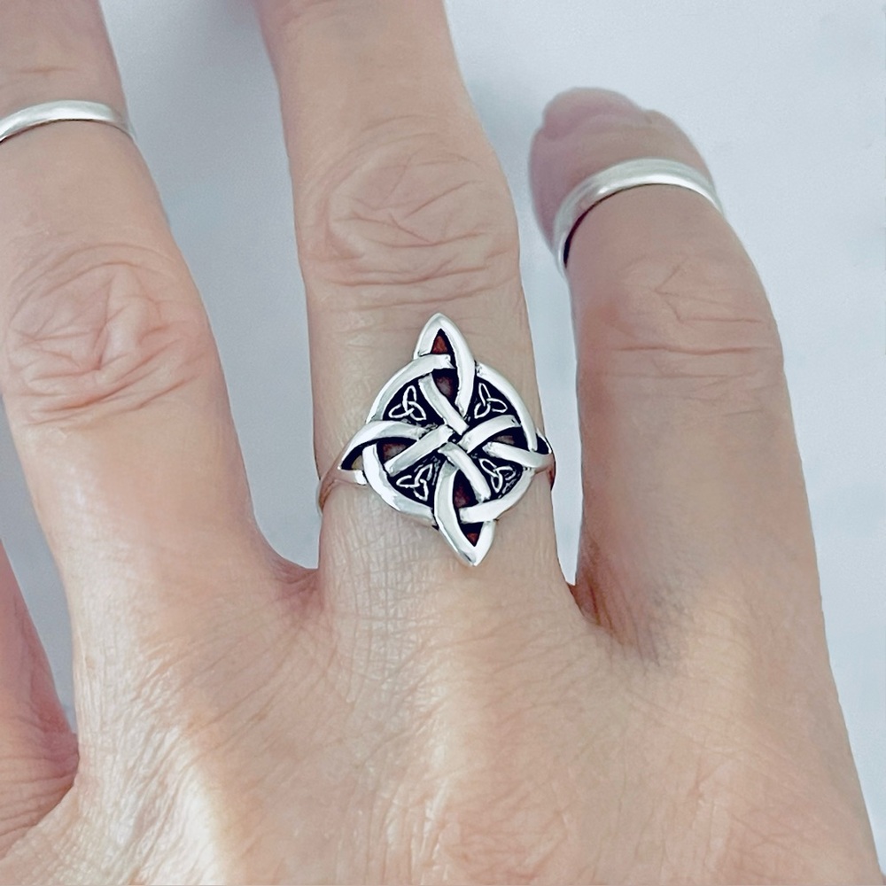 Sterling Silver Celtic Cross Ring with Little Triquetras, Trinity Knots Jewelry